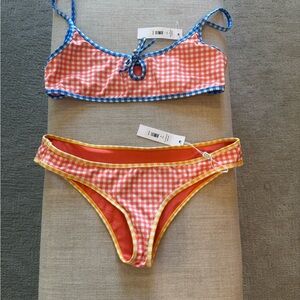 Caroline Constas Pink Gingham Bikini with Blue and Yellow Trim